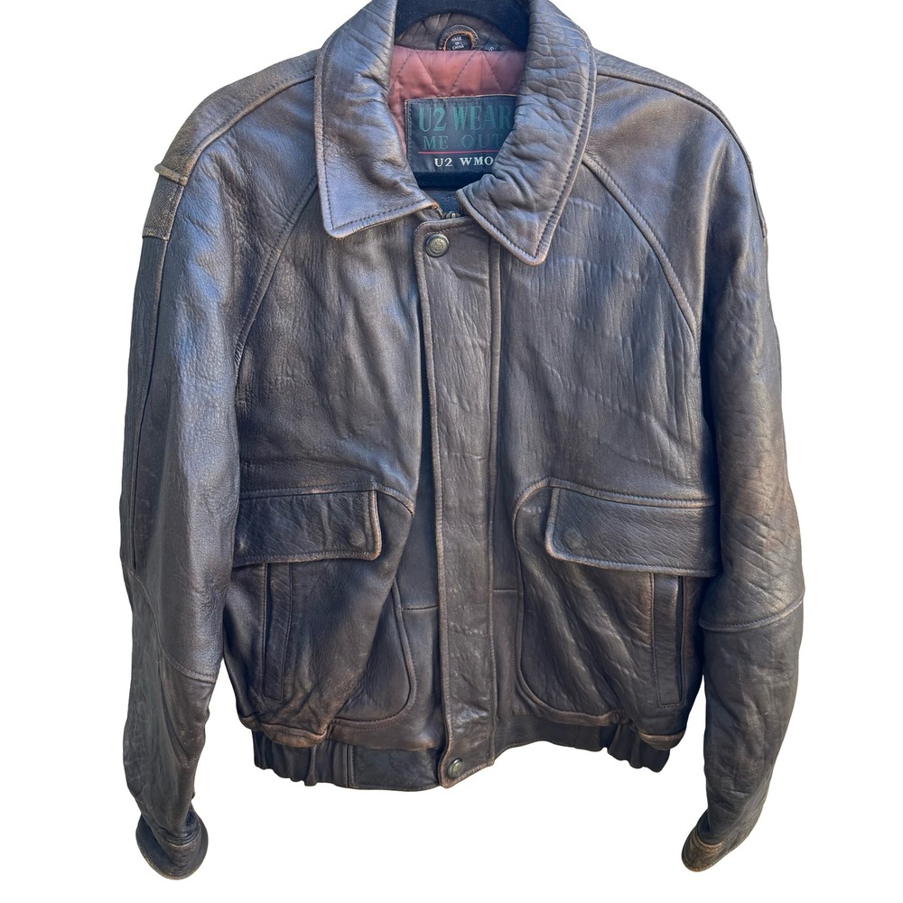 U2 Wear Me Out Vintage Distressed Leather Biker Moto Aviator Bomber Jacket Mens